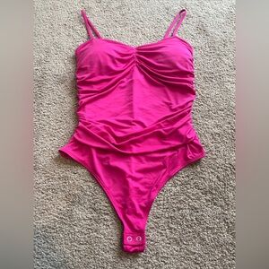 Womens Express Body Contour Hot Pink Ruched Cami Bodysuit Shirt Tank Medium